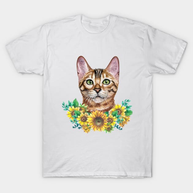Cute Tabby Cat with Sunflowers Watercolor Art T-Shirt by AdrianaHolmesArt